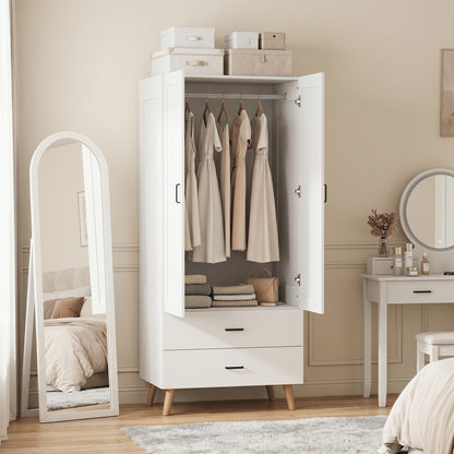 2-Door Wardrobe, Modern Wardrobe with 2 Drawers and Hanging Rail for Bedroom, White