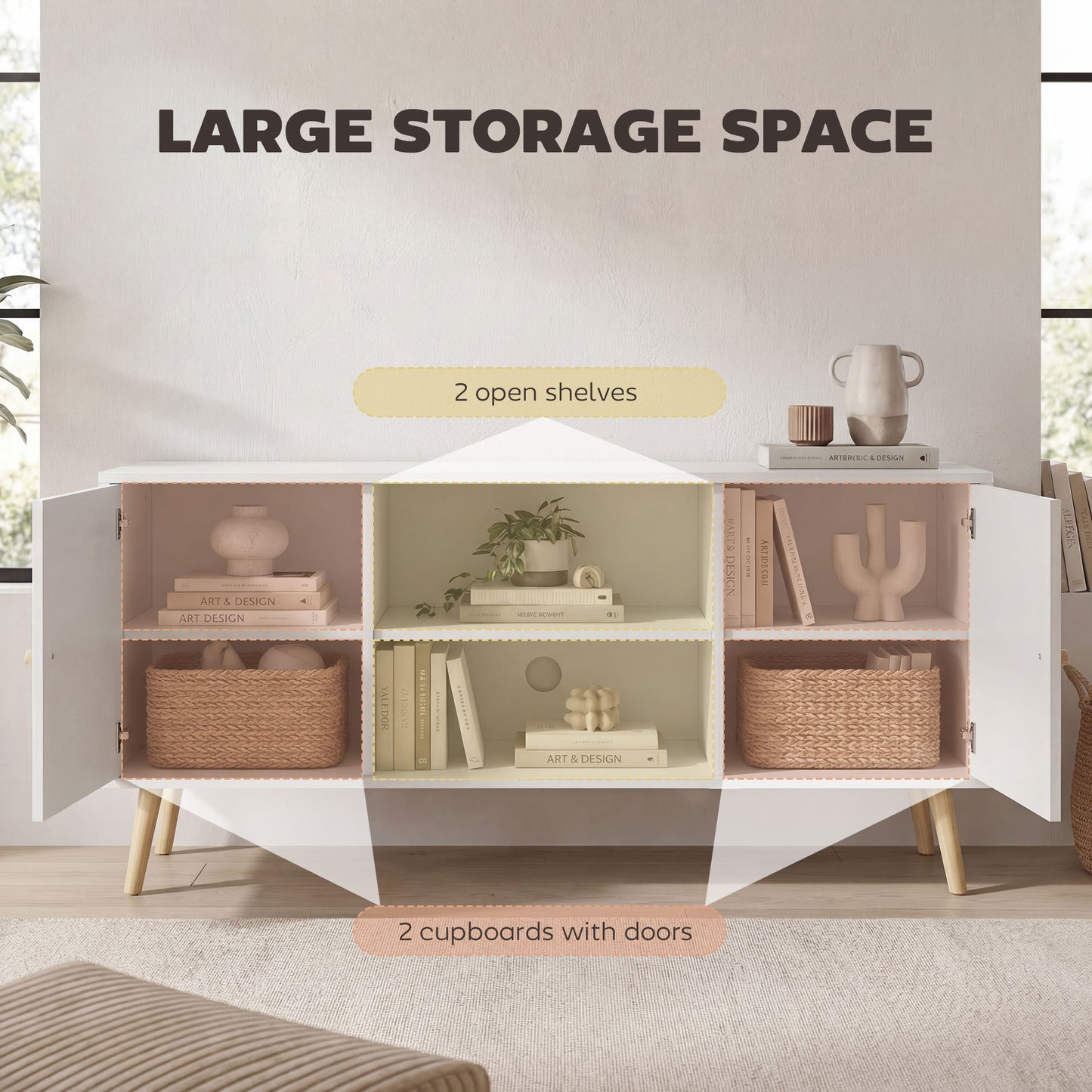 TV Stand Cabinet up to 55 Inches, TV Unit with Storage Shelves and Wood Legs for Living Room, Bedroom, White