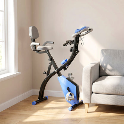 2-in-1 Folding Exercise Bike with 8-Level Magnetic Resistance, Arm Resistance Band, Pulse Sensor, Blue