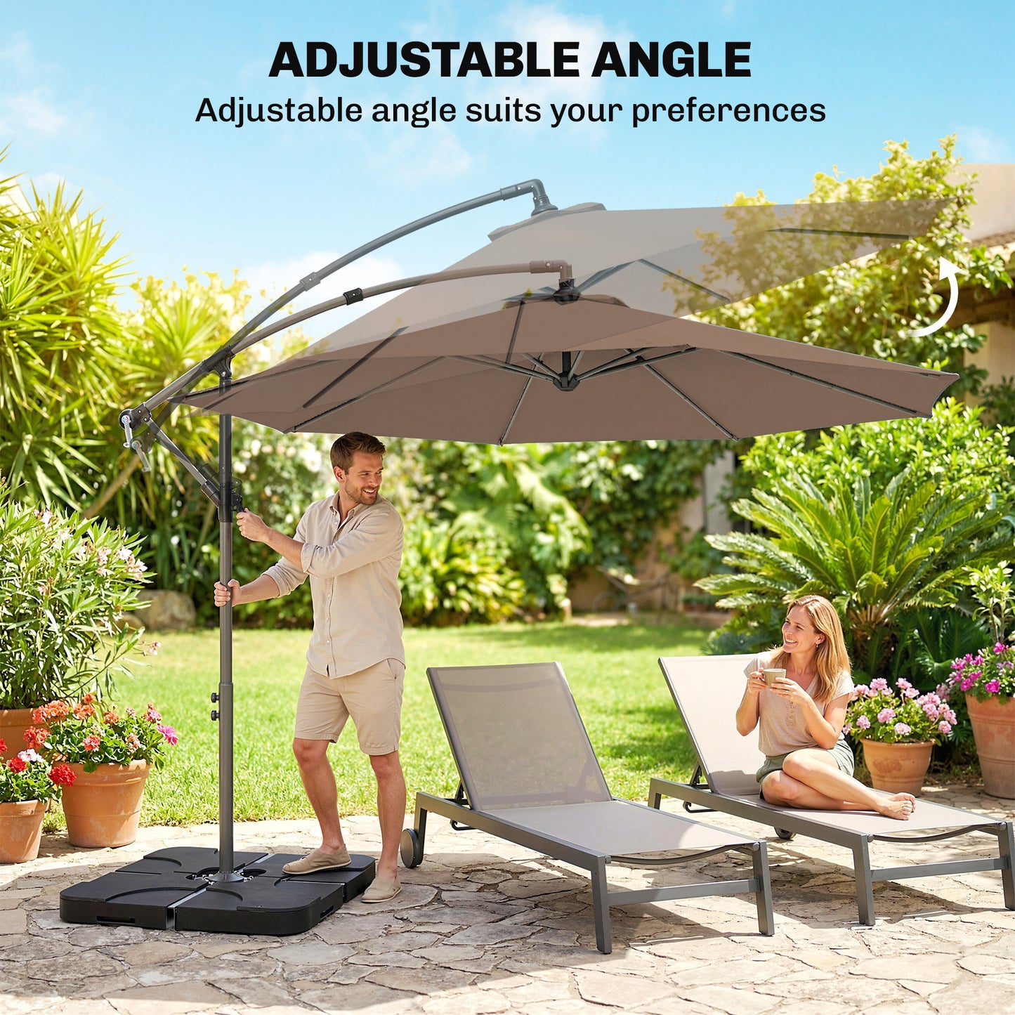 3m Overhanging Parasol, with Base, Weights and Cover - Coffee