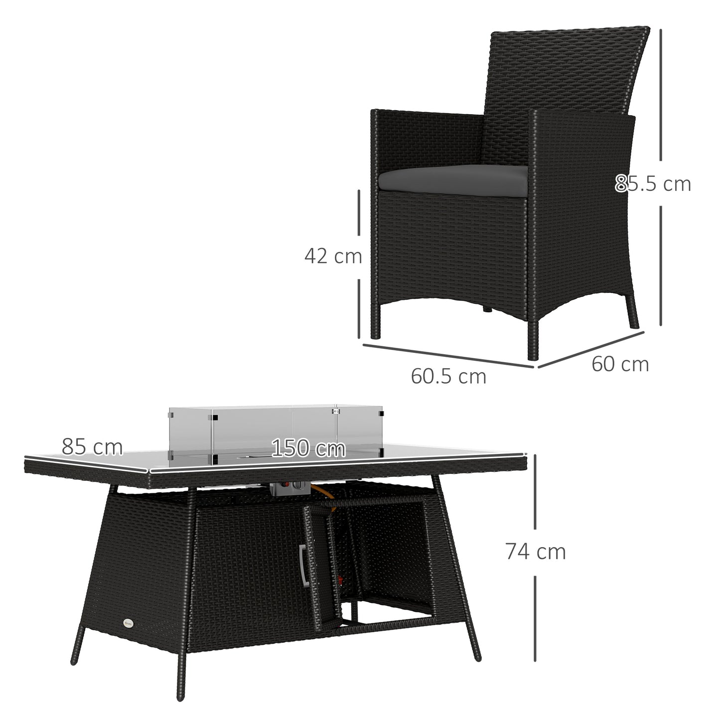 7 Pieces Outdoor Rattan Garden Furniture with Fire Pit Table, 6 Seater Garden Table and Chairs with Cushions