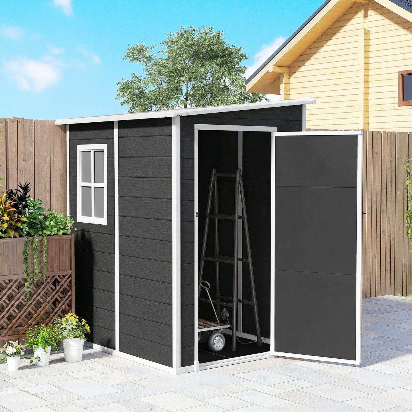 4 x 5FT Garden Storage Shed, Lean to Shed, Lockable Garden Shed with Window, Vent and Plastic Roof, Black