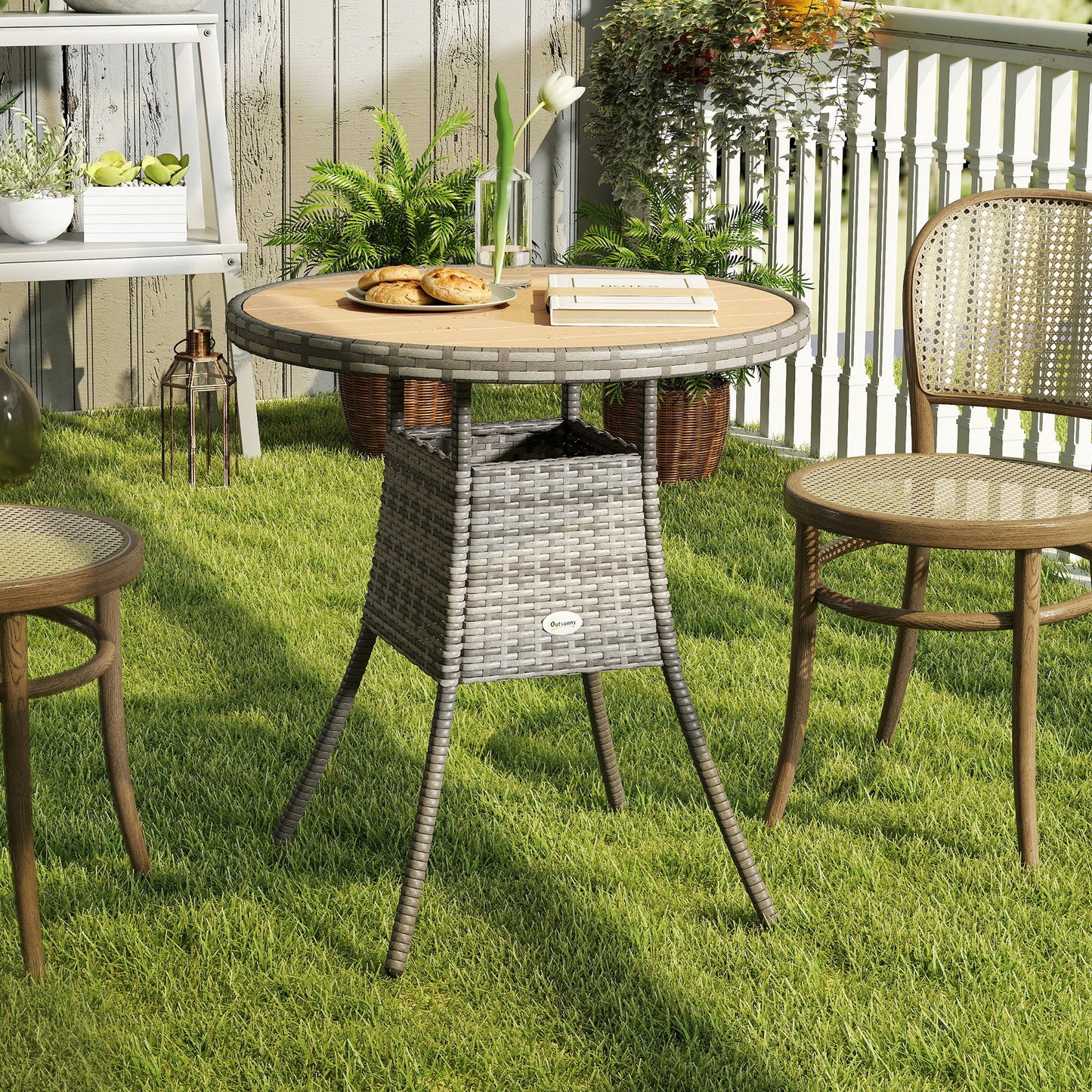 70 cm Wood-Effect Rattan Garden Table - Natural Wood Finish