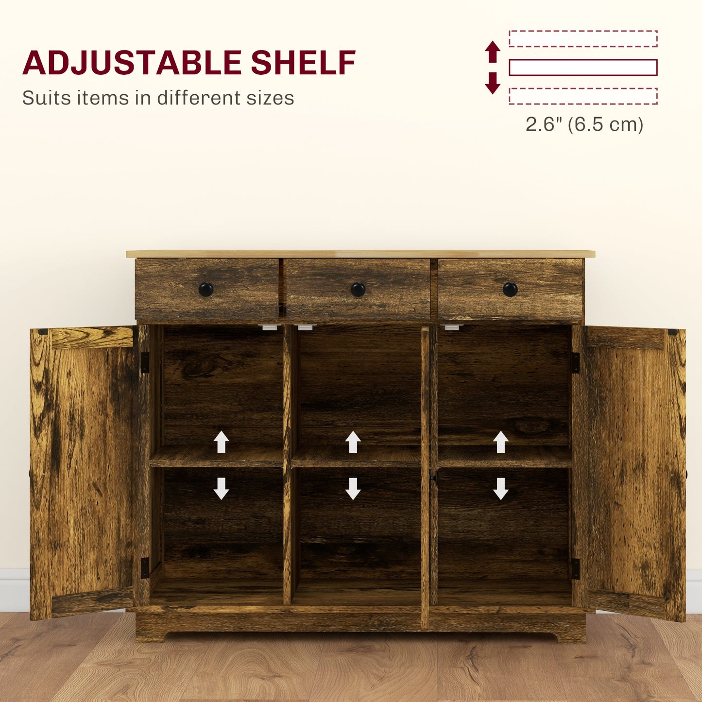 Sideboard with Rubberwood Top and Adjustable Shelves for Dining Room, Kitchen - Rustic Brown