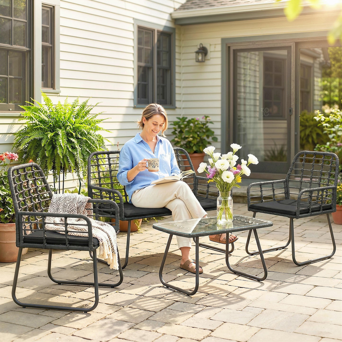4 Piece Rattan Garden Furniture Set, Outdoor Patio Furniture with Loveseat, Armchairs and Coffee Table