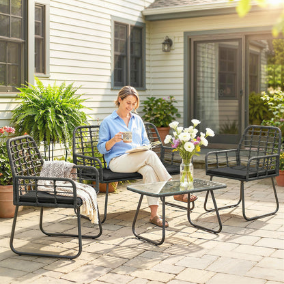 4 Piece Rattan Garden Furniture Set, Outdoor Patio Furniture with Loveseat, Armchairs and Coffee Table