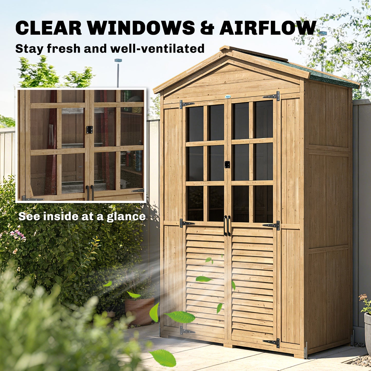 Outdoor Wooden Storage Cabinet, Garden Tool Shed with Acrylic Windows for Patio, Light Brown