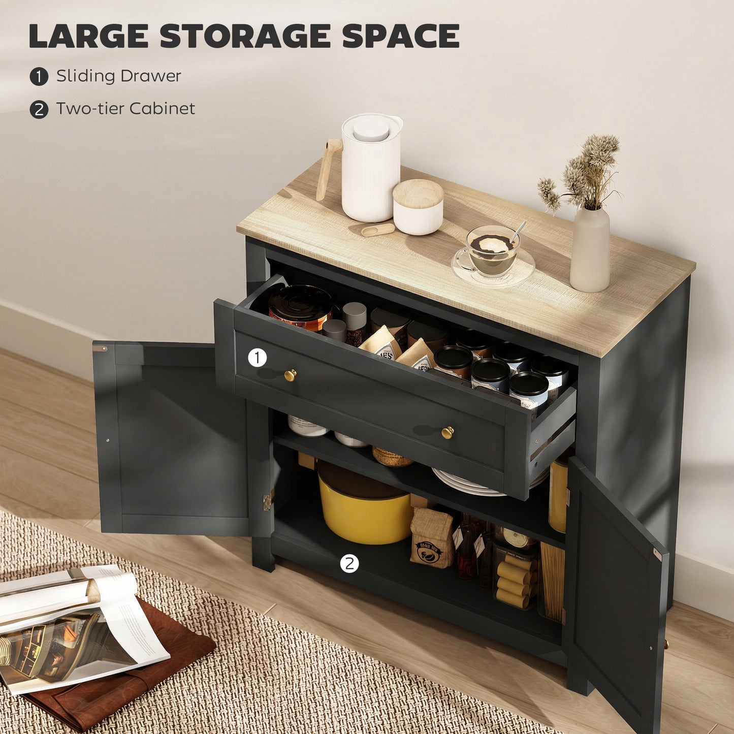 Sideboard Storage Cabinet, Modern Kitchen Cupboard with Adjustable Shelf, Drawer and Double Doors, Black