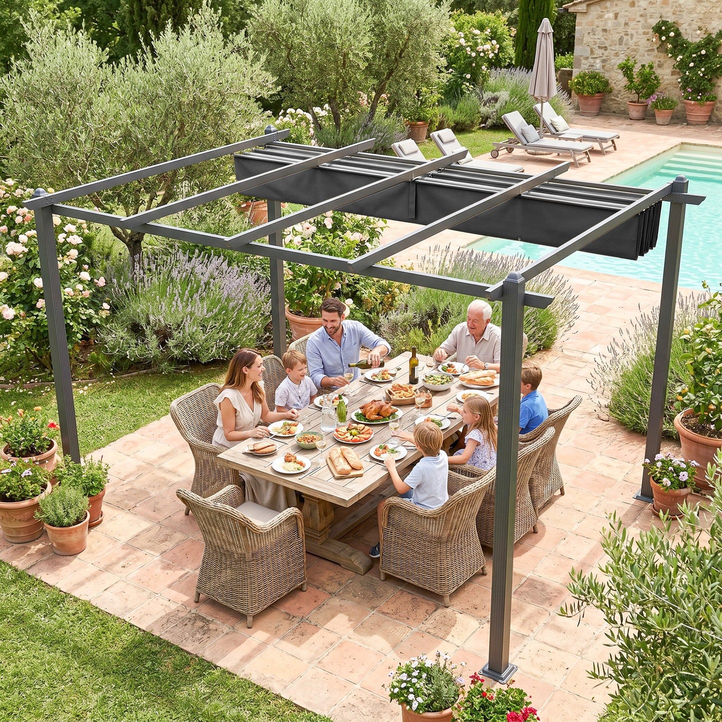 3 x 4m Aluminium Pergola, with Retractable Roof - Dark Grey