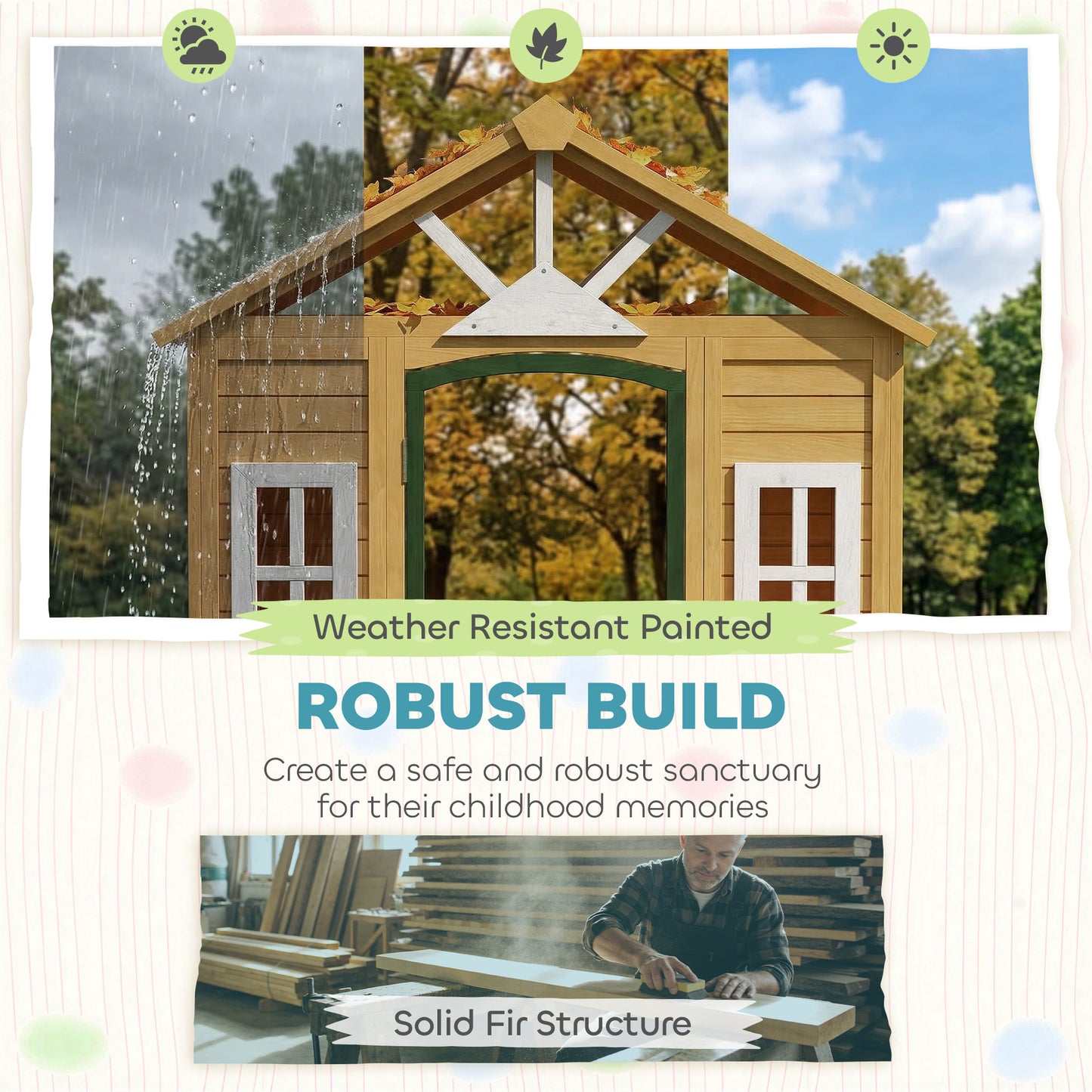 Outdoor Kids Playhouse, Wooden Wendy House with Door, 3 Windows, 2 Flower Boxes for Garden, Indoor Playroom