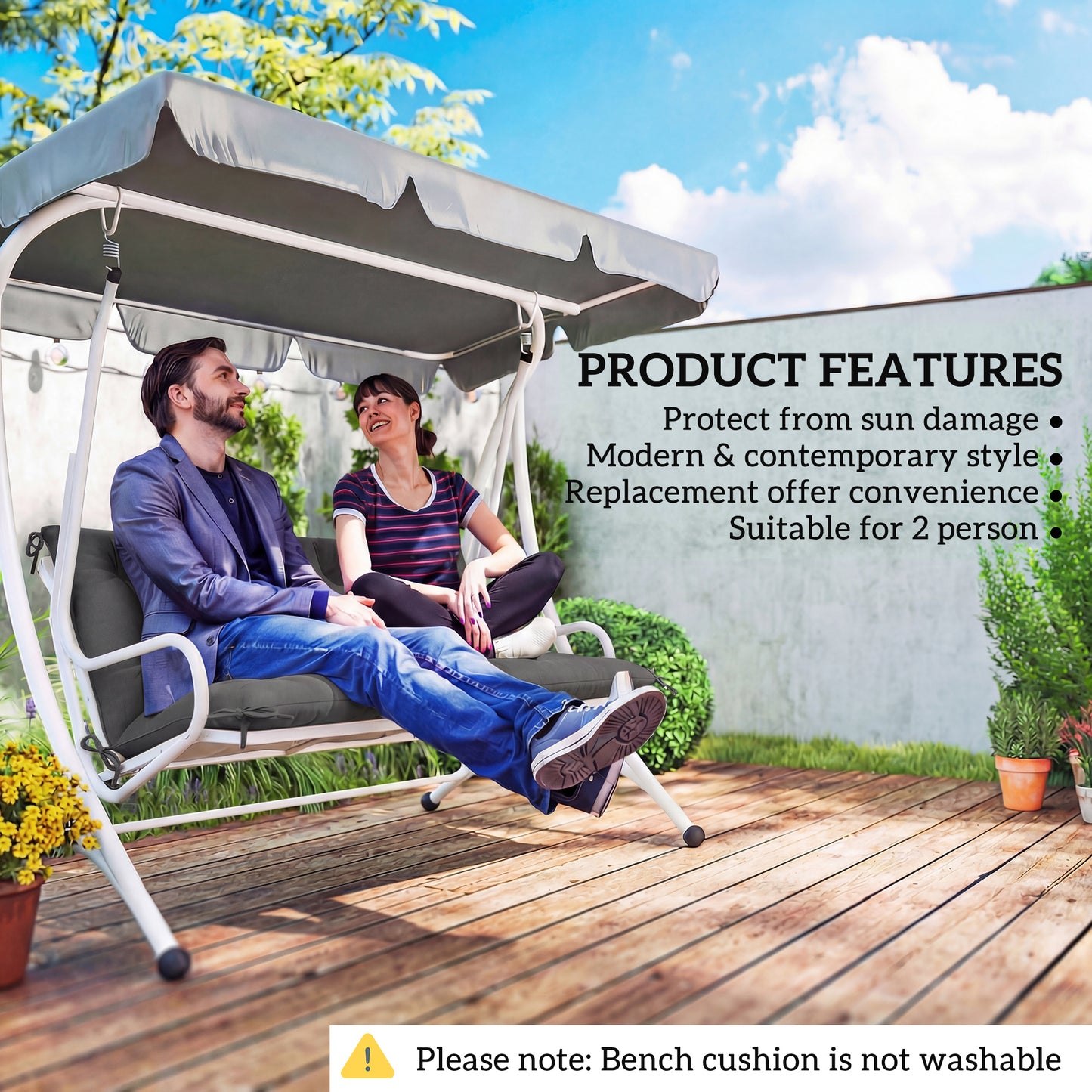 Garden Bench Cushion, 2 Seater Swing Chair Cushion, Seat Pad with Ties for Indoor and Outdoor Use, 110 x 120 cm, Black
