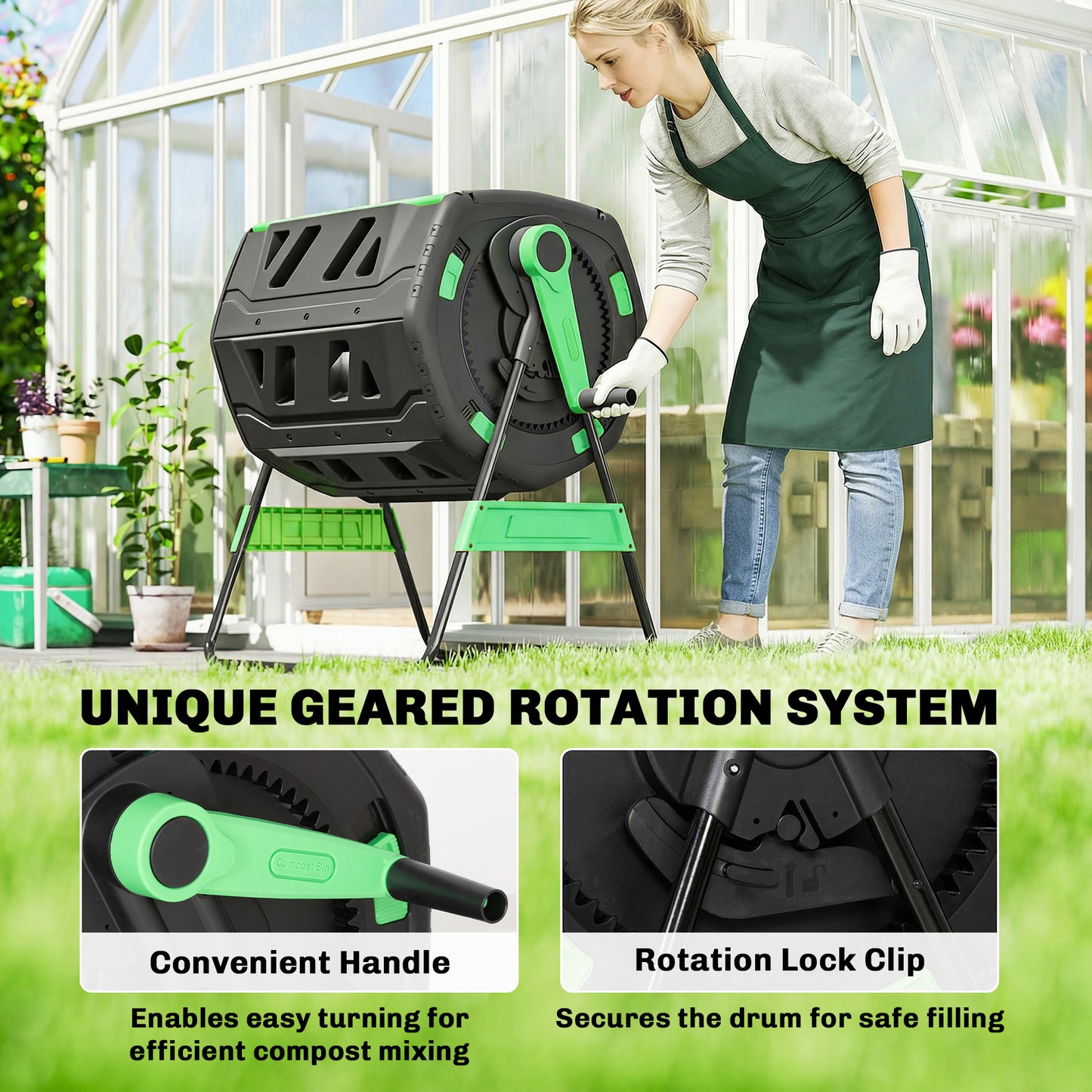 Garden Compost Bin, 200L Dual Chamber Tumbling Composter with Adjustable Vents, BPA Free Compost Tumbler, Green