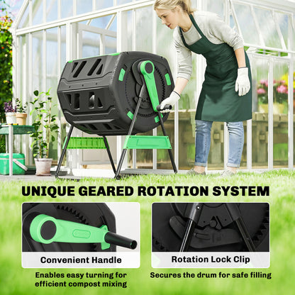 Garden Compost Bin, 200L Dual Chamber Tumbling Composter with Adjustable Vents, BPA Free Compost Tumbler, Green