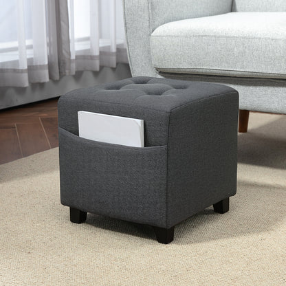 Square Footstool, Small Ottoman with Side Pocket, Linen Fabric Footrest Foot Stool with Rubber Wood Legs and Padded Seat for