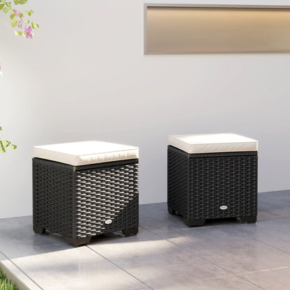 Set of 2 Rattan Storage Ottoman, Outdoor Footstool with Removable Cushions, Garden Storage Seat for Balcony, Porch