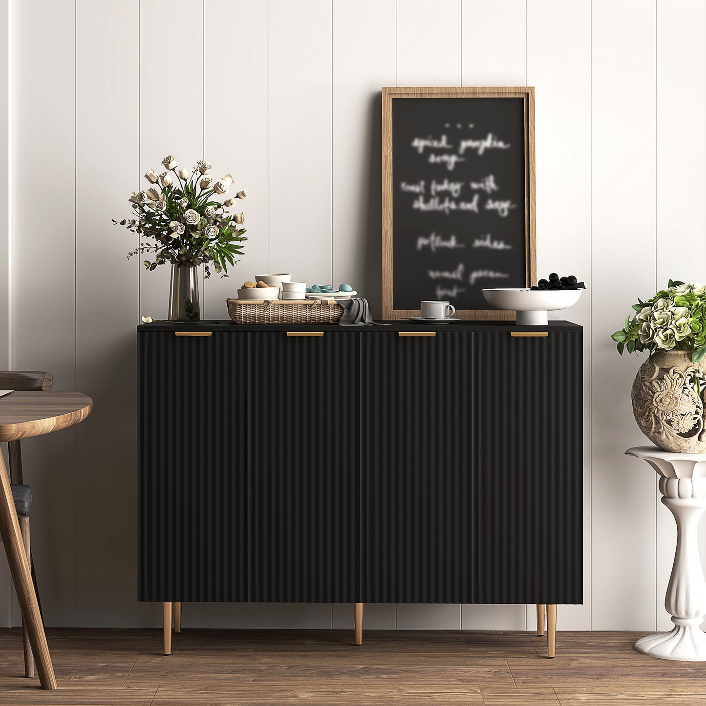 Sideboard Buffet Cabinet, Modern Kitchen Storage Cabinet with Adjustable Shelves and Metal Legs, Black