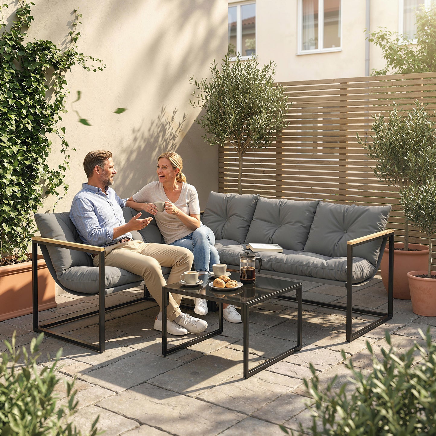 4 Piece Garden Furniture Set with Thick Cushions and Coffee Table, Patio Conversation Set for Porch, Balcony, Deck, Grey