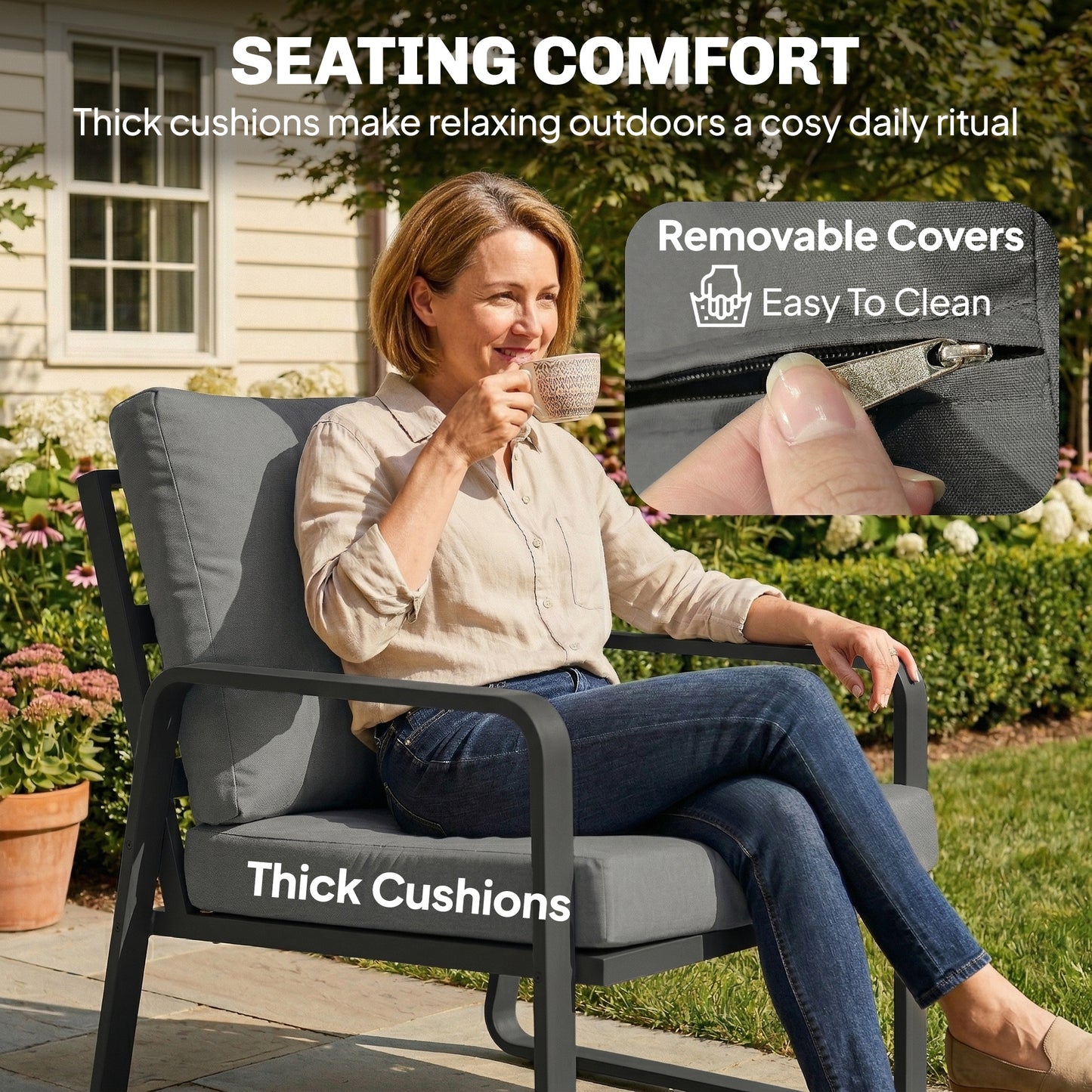 4 Piece Garden Furniture Set, Outdoor Sofa Set with Loveseat, 2 Armchairs, Coffee Table and Cushions