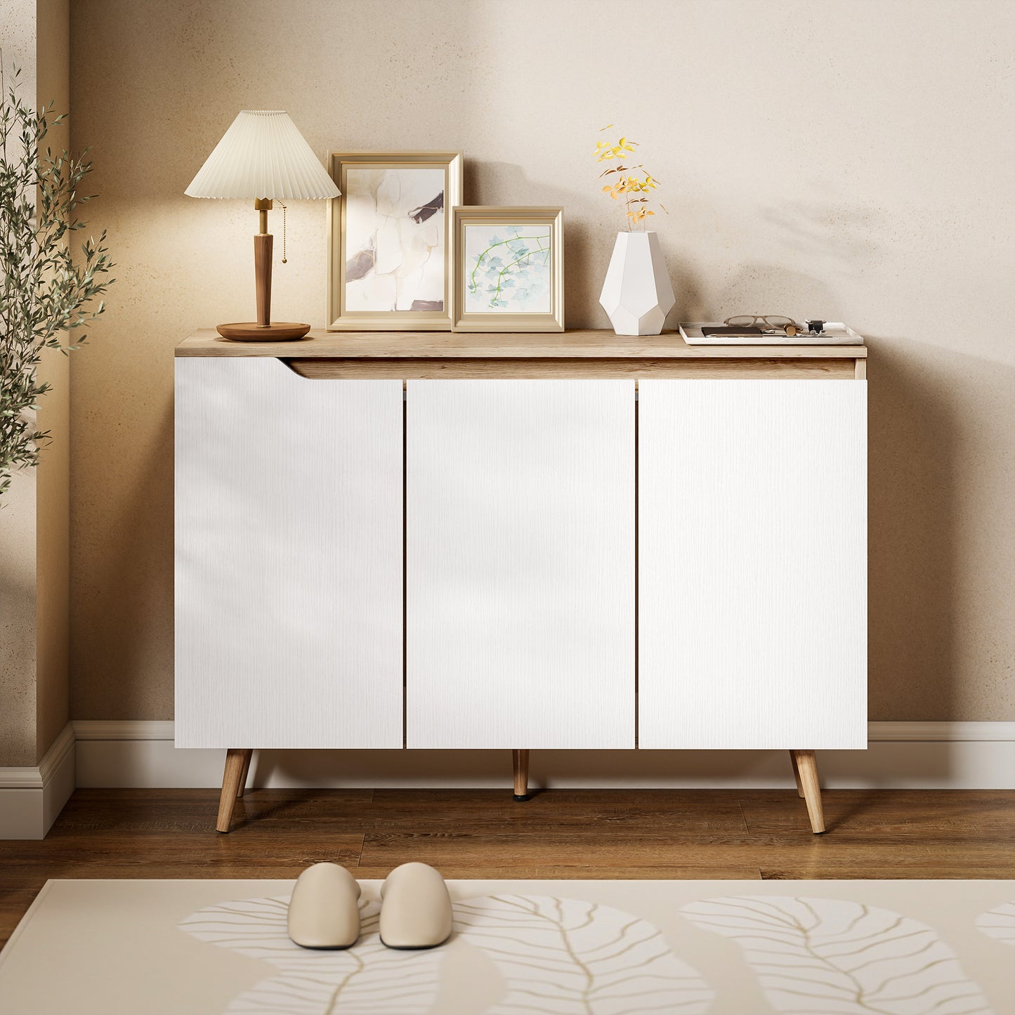 Sideboard Storage Cabinet, Kitchen Cupboard with 3 Doors, 2 Adjustable Shelves and 5 Rubberwood Legs, White and Oak