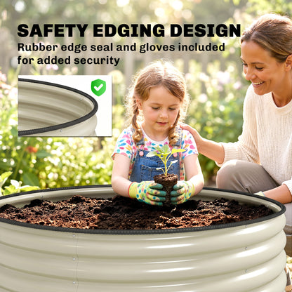 Galvanised Raised Garden Bed with Safety Edging, Outdoor Raised Planter Box with Gloves, 120 x 120 x 43cm, Cream White