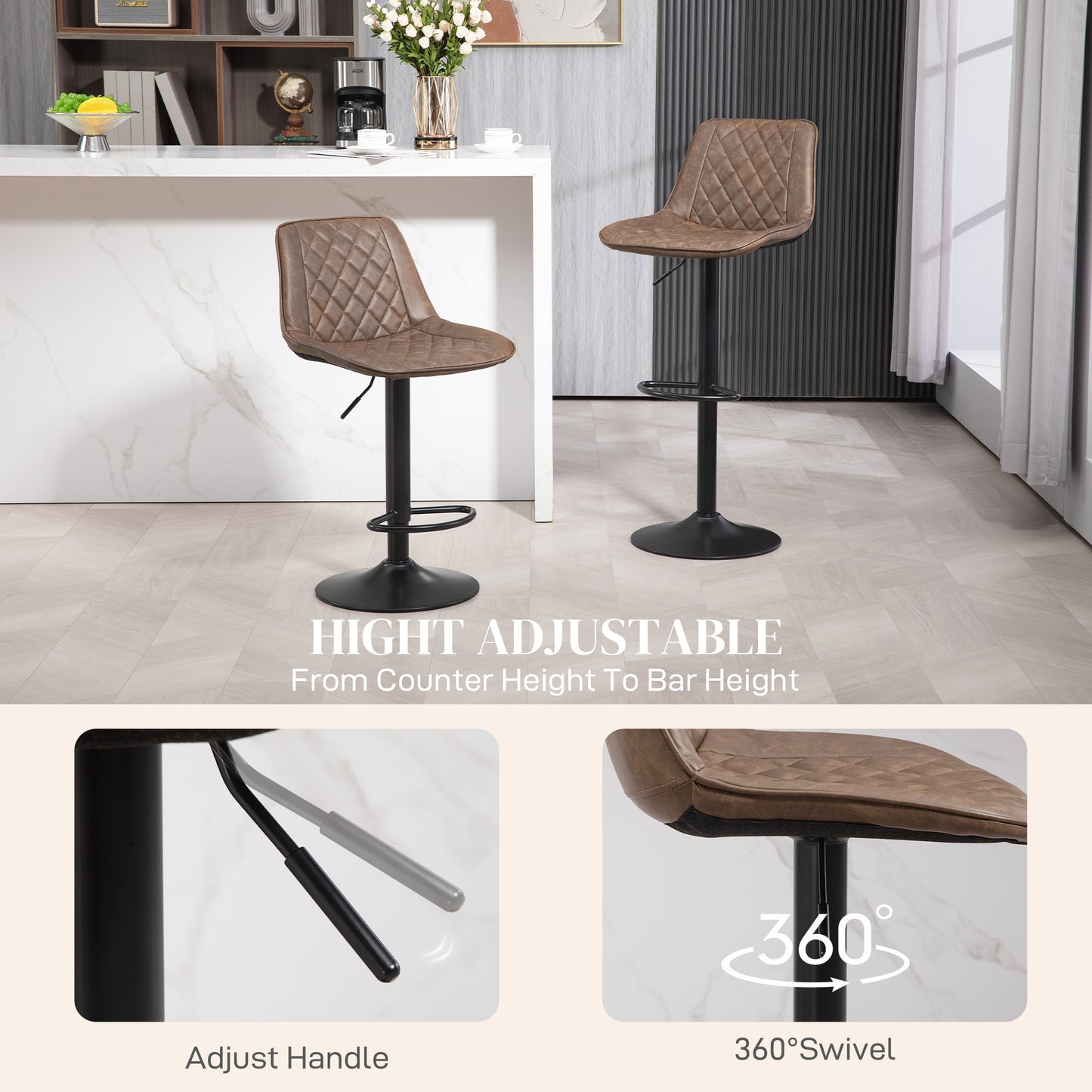 Bar Stools Set of 2, Retro Adjustable Kitchen Stool, Swivel PU Leather Upholstered Bar Chairs with Back