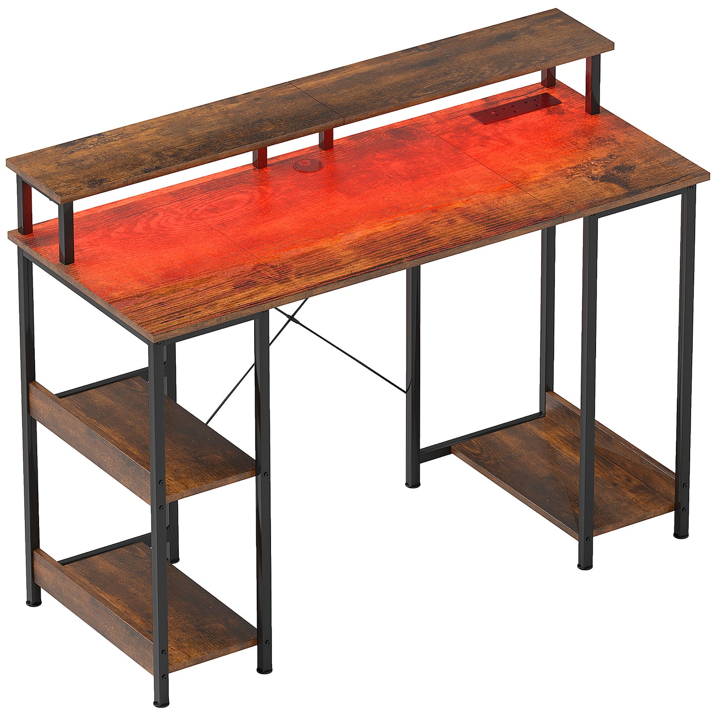 LED Computer Desk, with Power Outlets and Shelves - Rustic Brown