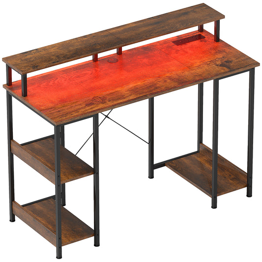 LED Computer Desk, with Power Outlets and Shelves - Rustic Brown