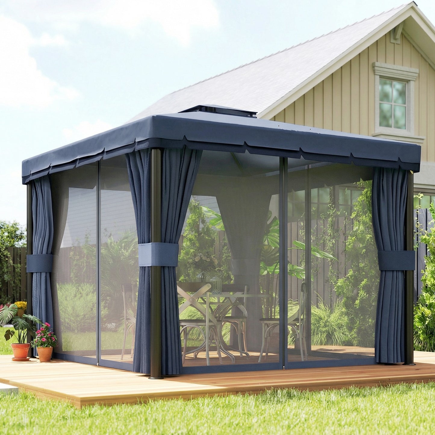 3 x 3(m) Patio Gazebo Canopy Garden Pavilion Tent Shelter Marquee with 2 Tier Roof, Netting and Curtains, Dark Blue