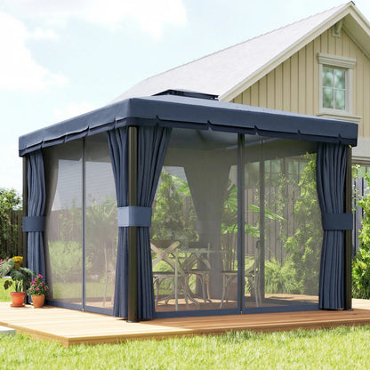 3 x 3(m) Patio Gazebo Canopy Garden Pavilion Tent Shelter Marquee with 2 Tier Roof, Netting and Curtains, Dark Blue