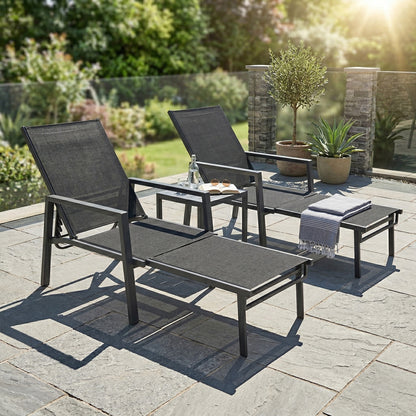 Sun Loungers Set of 2 Retractable Footrest 5-Position Adjustable Steel Frame for Beach, Porch, Patio, Camping, Black