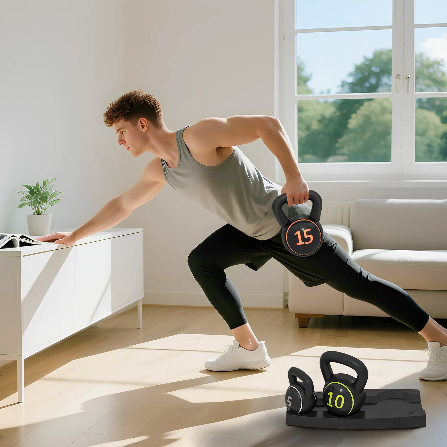 Three-Piece Kettlebell Set, 5lbs, 10lbs, 15lbs with Storage Tray