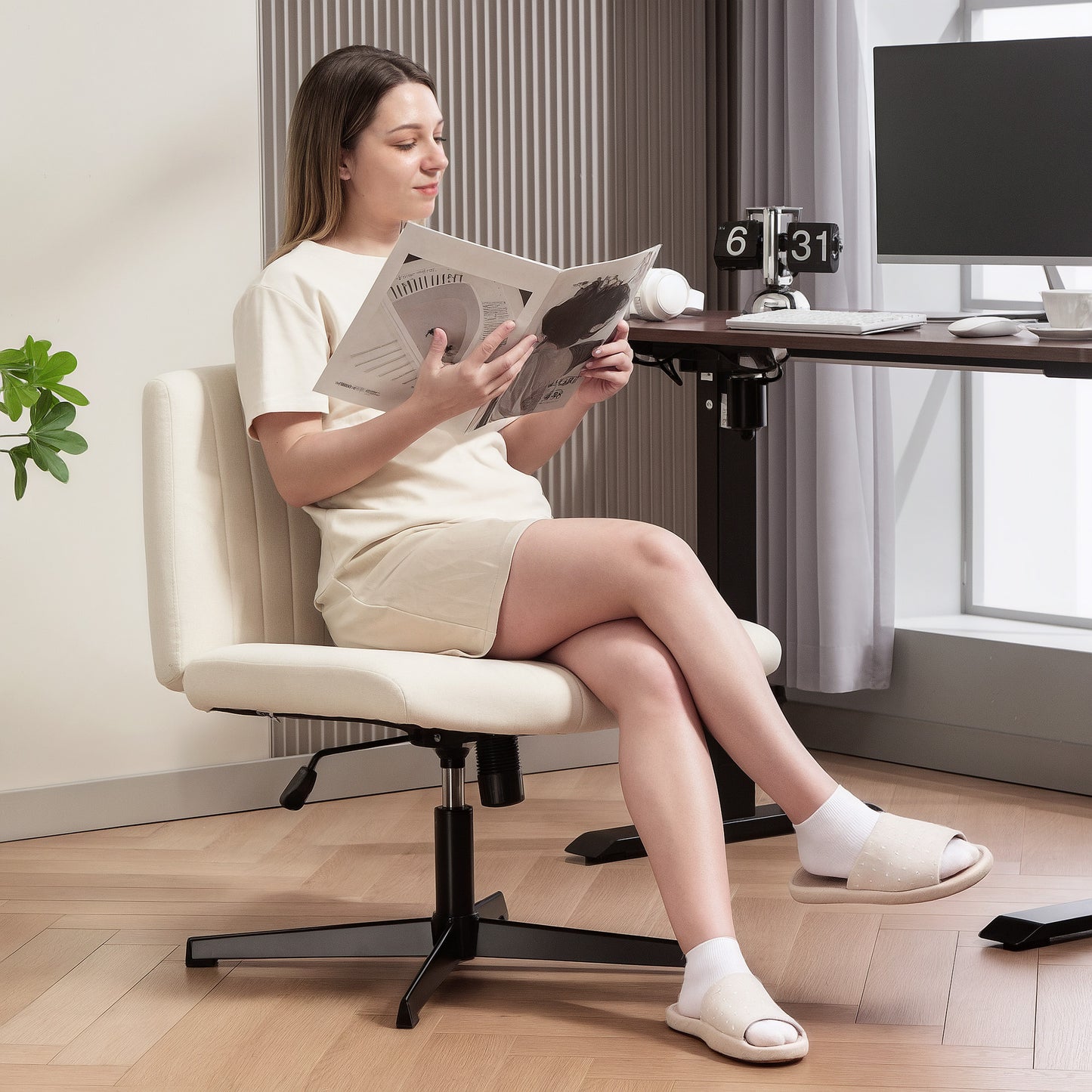 Armless Office Chair No Wheels, Linen Fabric Criss Cross Legged Desk Chair with Wide Seat, Thick Padding, Tilt Function