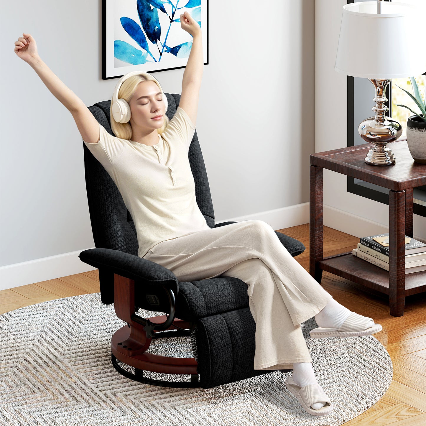 Reclining Swivel Chair, with Footrest - Black
