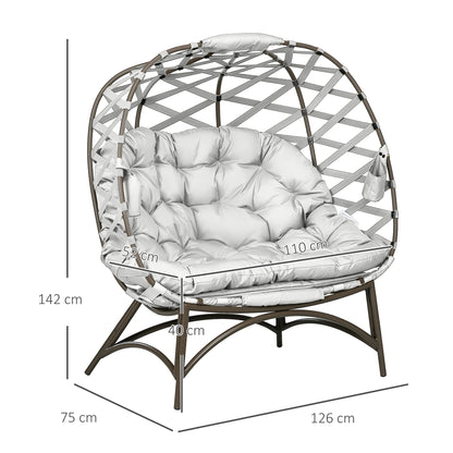 2 Seater Egg Chair Outdoor, Folding Weave Garden Furniture Chair with Cushion, Cup Pockets - Light Grey