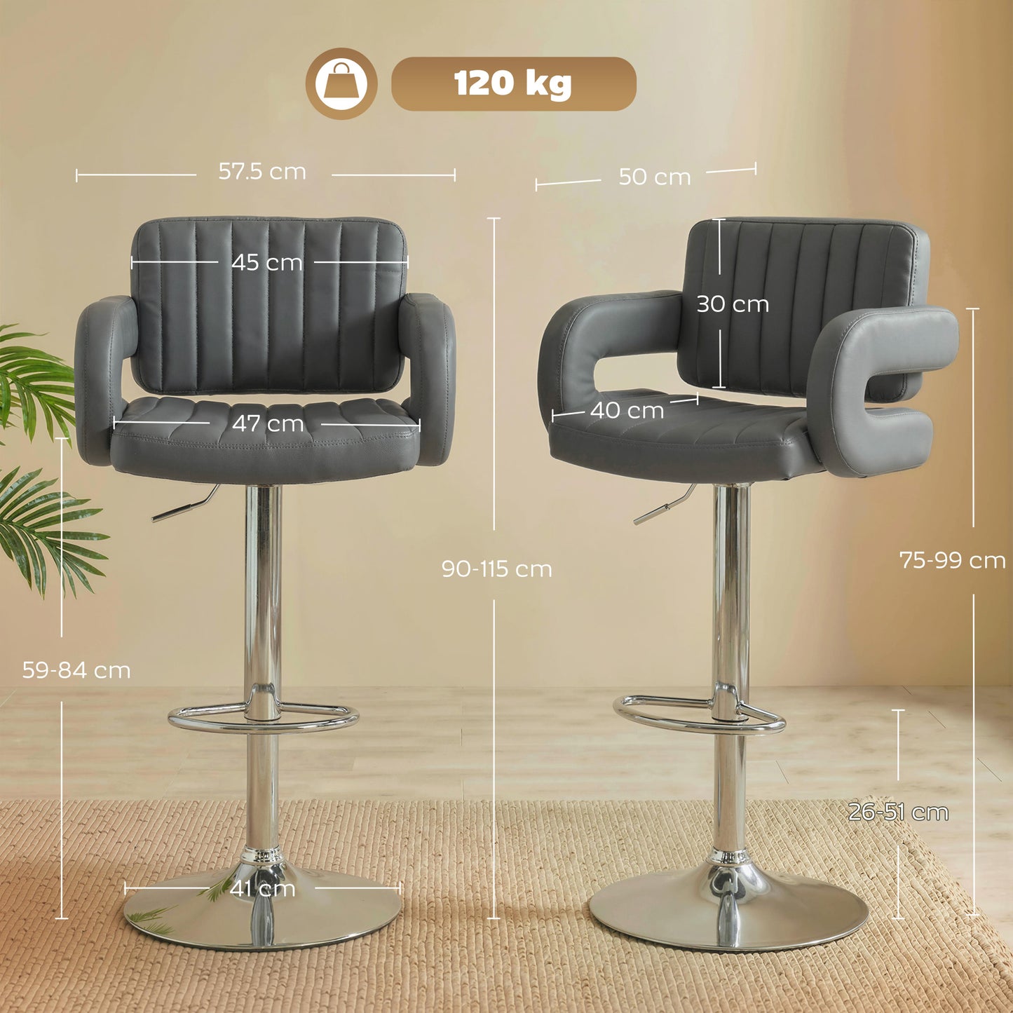 Bar Stools Adjustable Swivel Kitchen Chairs with Backrest Armrest Set of 2 PU Leather Grey