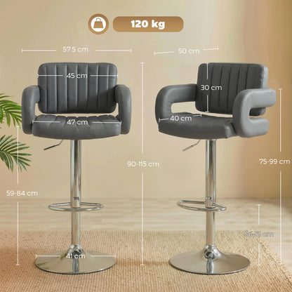 Bar Stools Adjustable Swivel Kitchen Chairs with Backrest Armrest Set of 2 PU Leather Grey