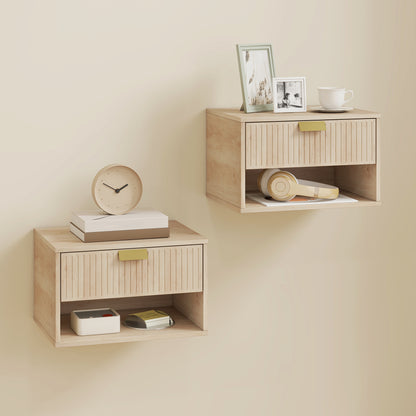 Set of 2 Wall Mounted Nightstands, Floating Bedside Tables with Fluted Drawer and Open Shelf for Small Bedroom, Oak