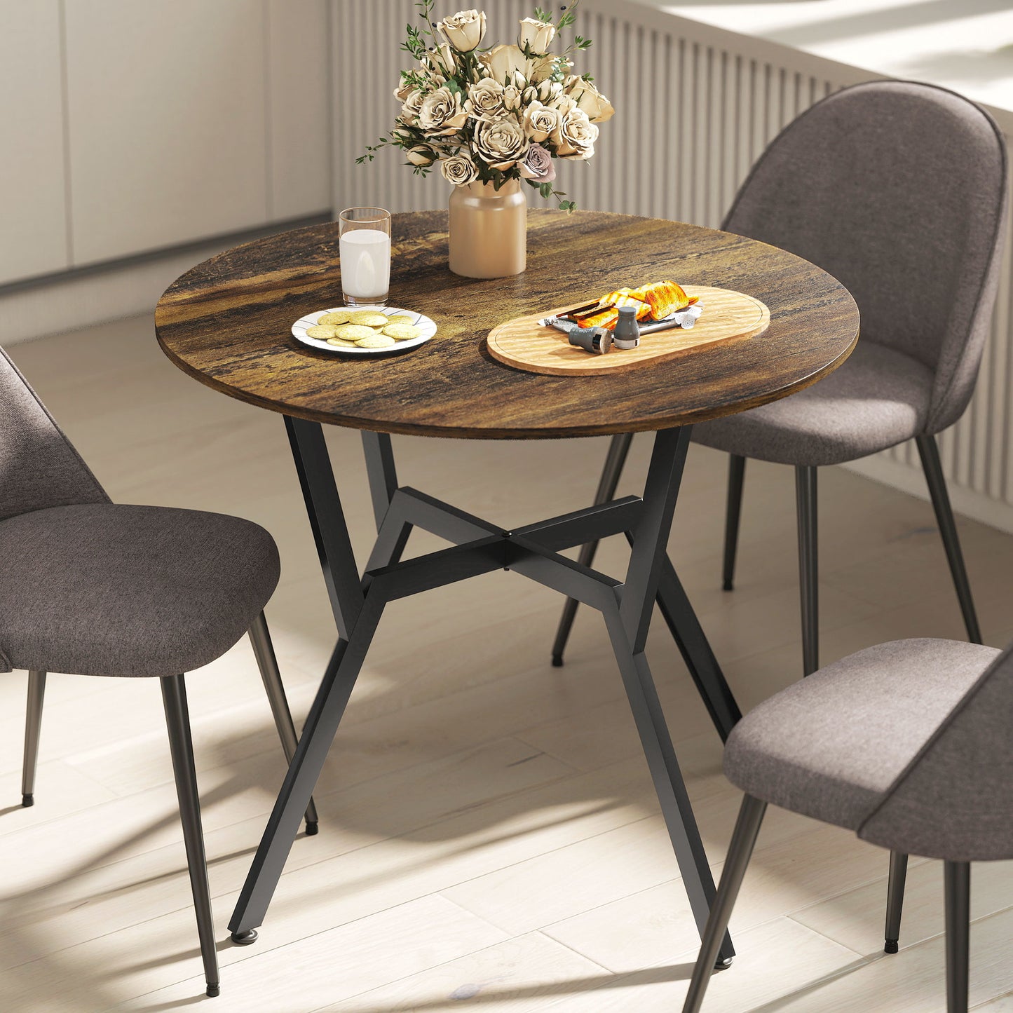 Dining Table, Round Kitchen Table with Black Legs, Anti-slip Foot Pads for Living Room, Dining Room 90 x 76 cm, Rustic Brown
