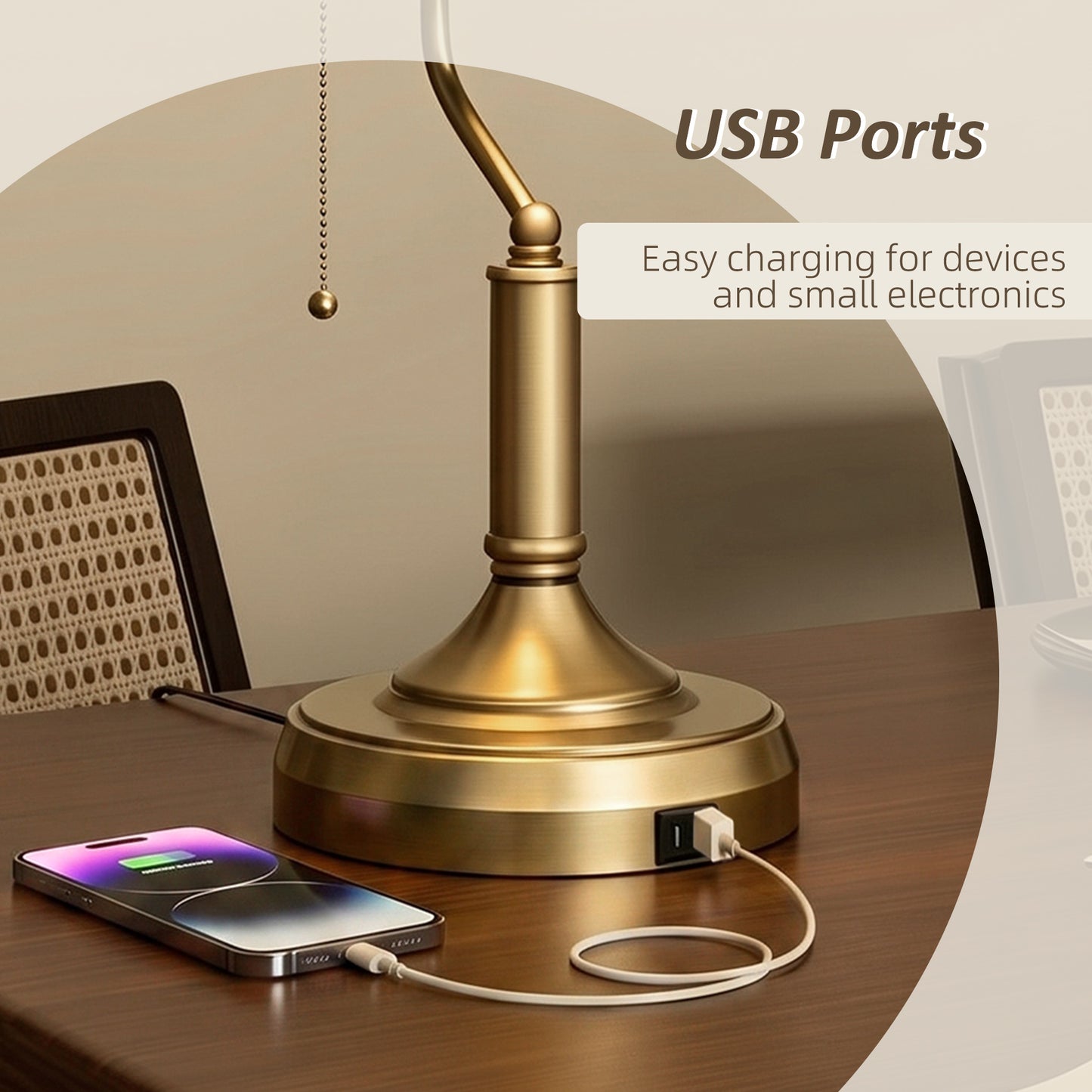 Desk Lamp with USB Ports, Banker's Table Lamp Desk Lamp with Vintage Bronze Tone Base and Pull Rope Switch, Green