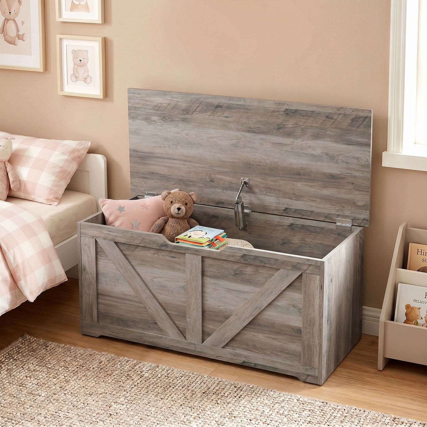 100L Home Storage Box, with Safety Hinge - Grey Wood-Effect