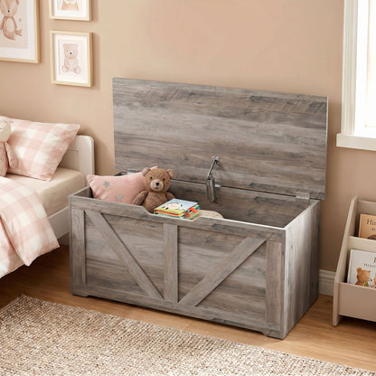 100L Home Storage Box, with Safety Hinge - Grey Wood-Effect