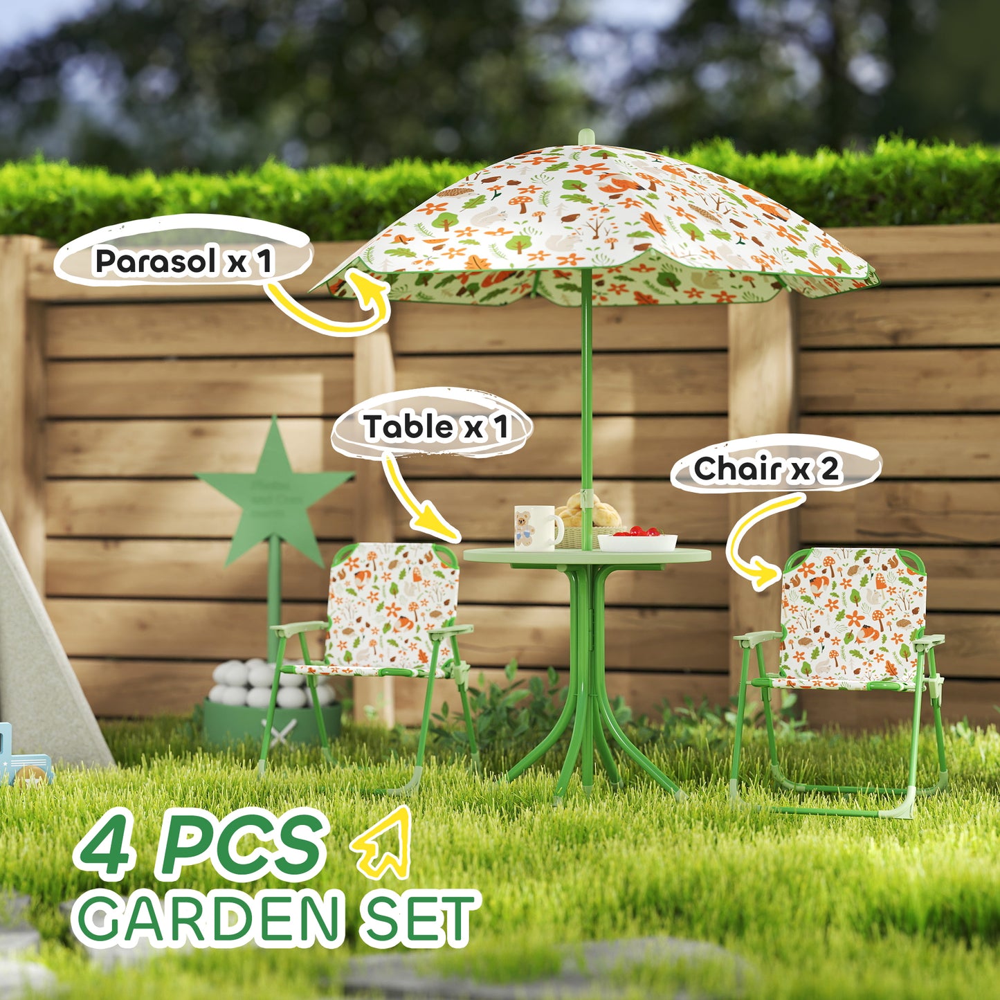 4-Piece Kids Garden Table and Chair Set with Adjustable Parasol, Folding Chairs, Table, Nature Pattern, Green