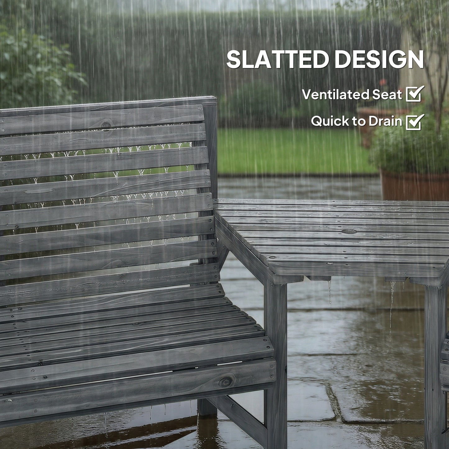 Wooden Garden Furniture Set with Parasol Hole, 1 Chair, 1 Bench and Detachable Table, Grey Embossed Finish
