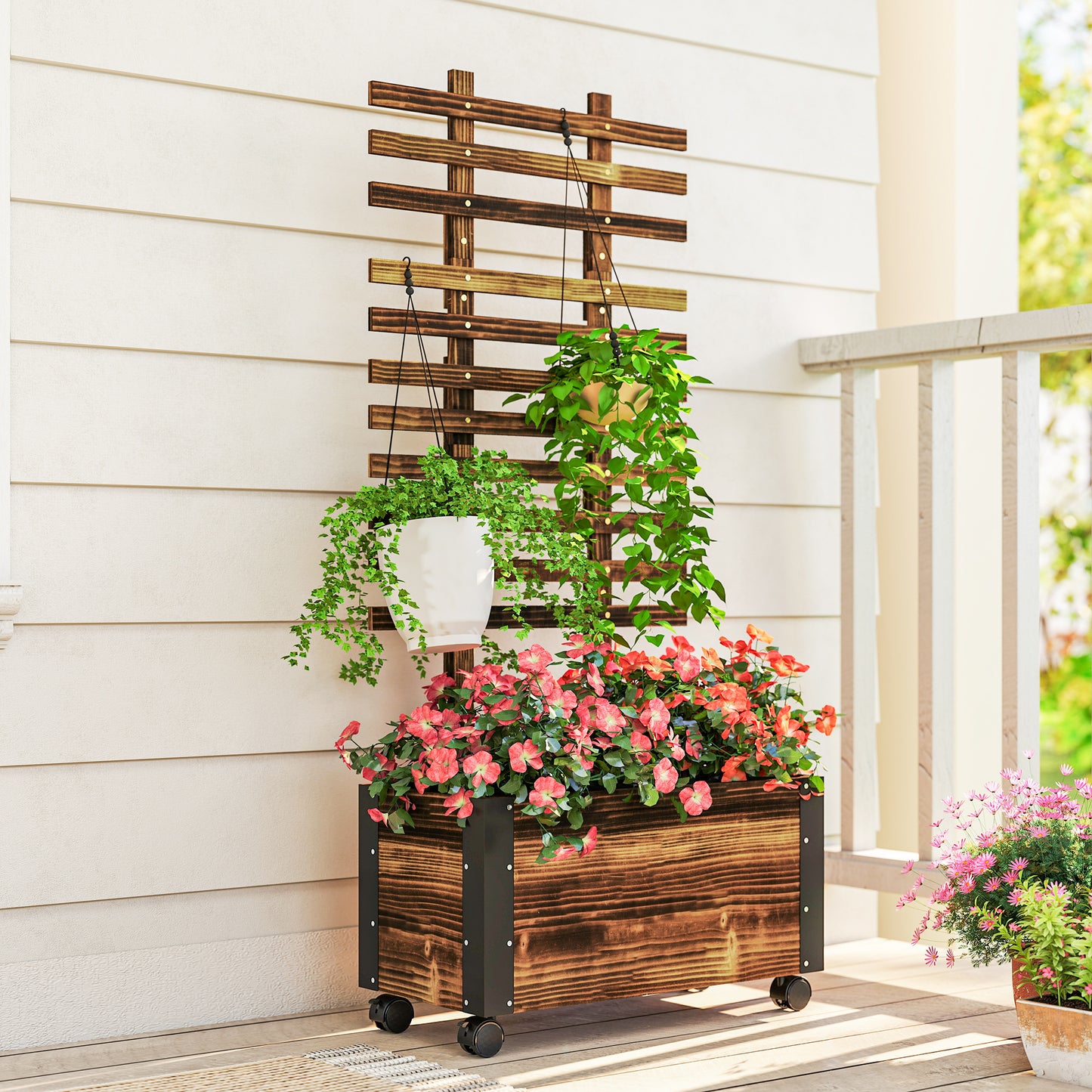 Raised Garden Bed with Trellis, Outdoor Wooden Planter Box with Metal Corners and Wheels, Raised Bed for Garden