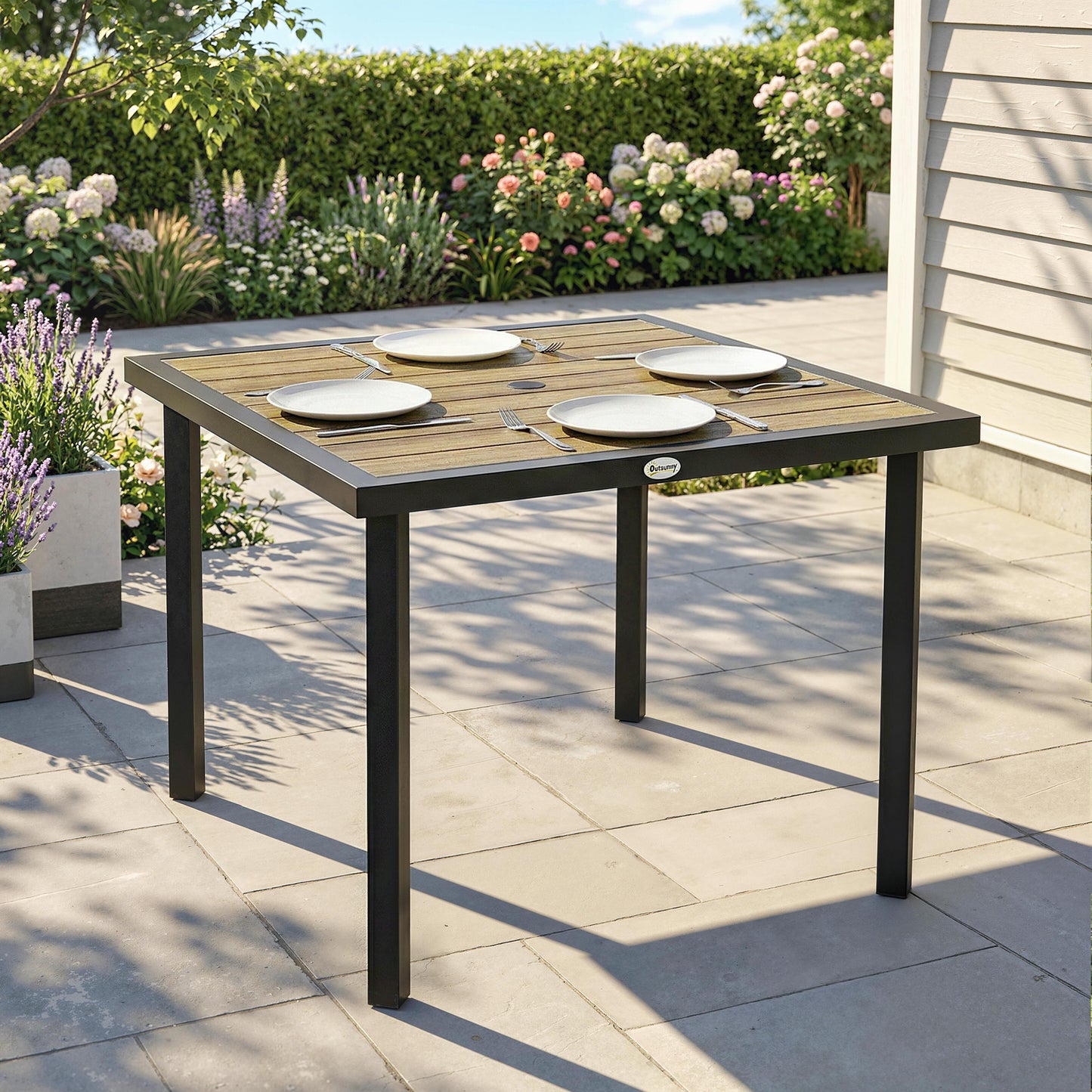 Square Garden Dining Table with 5.4cm Parasol Hole, Slatted Top, Metal Frame, 86 x 86 x 71cm, Brown