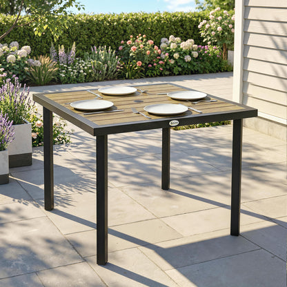 Square Garden Dining Table with 5.4cm Parasol Hole, Slatted Top, Metal Frame, 86 x 86 x 71cm, Brown