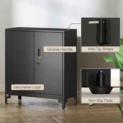 Lockable Metal Filing Cabinet, 2-Tier Storage Cupboard with Double Doors, Modern Office Organiser, Black