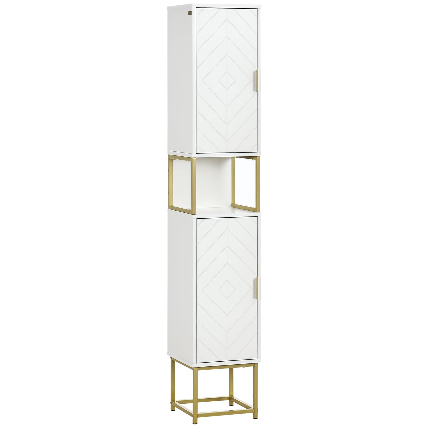 Narrow Bathroom Storage Cabinet, Freestanding Tallboy Storage Unit with Adjustable Shelf, 2 Doors and Steel Base