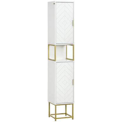 Narrow Bathroom Storage Cabinet, Freestanding Tallboy Storage Unit with Adjustable Shelf, 2 Doors and Steel Base