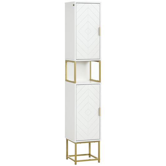 Narrow Bathroom Storage Cabinet, Freestanding Tallboy Storage Unit with Adjustable Shelf, 2 Doors and Steel Base